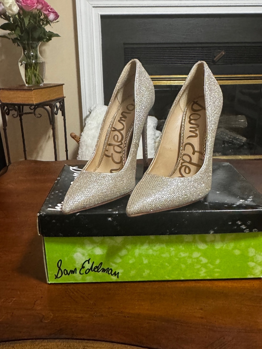 Sam Edelman Glitter Pointed-Toe Stiletto Pumps in Champagne Gold